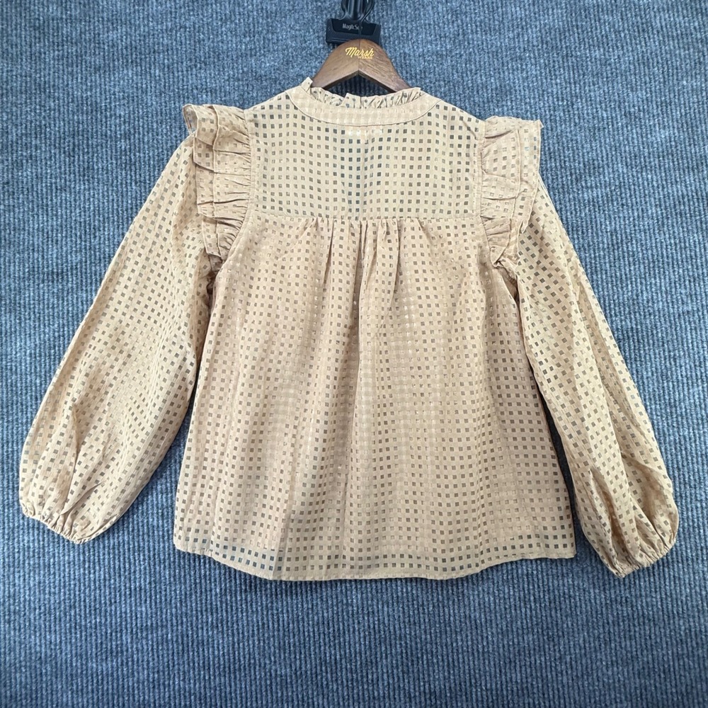 Entro Blouse Womens Size M Tan Excellent Ruffle Shoulder Grid V-Neck Top T19088 - Picture 7 of 7